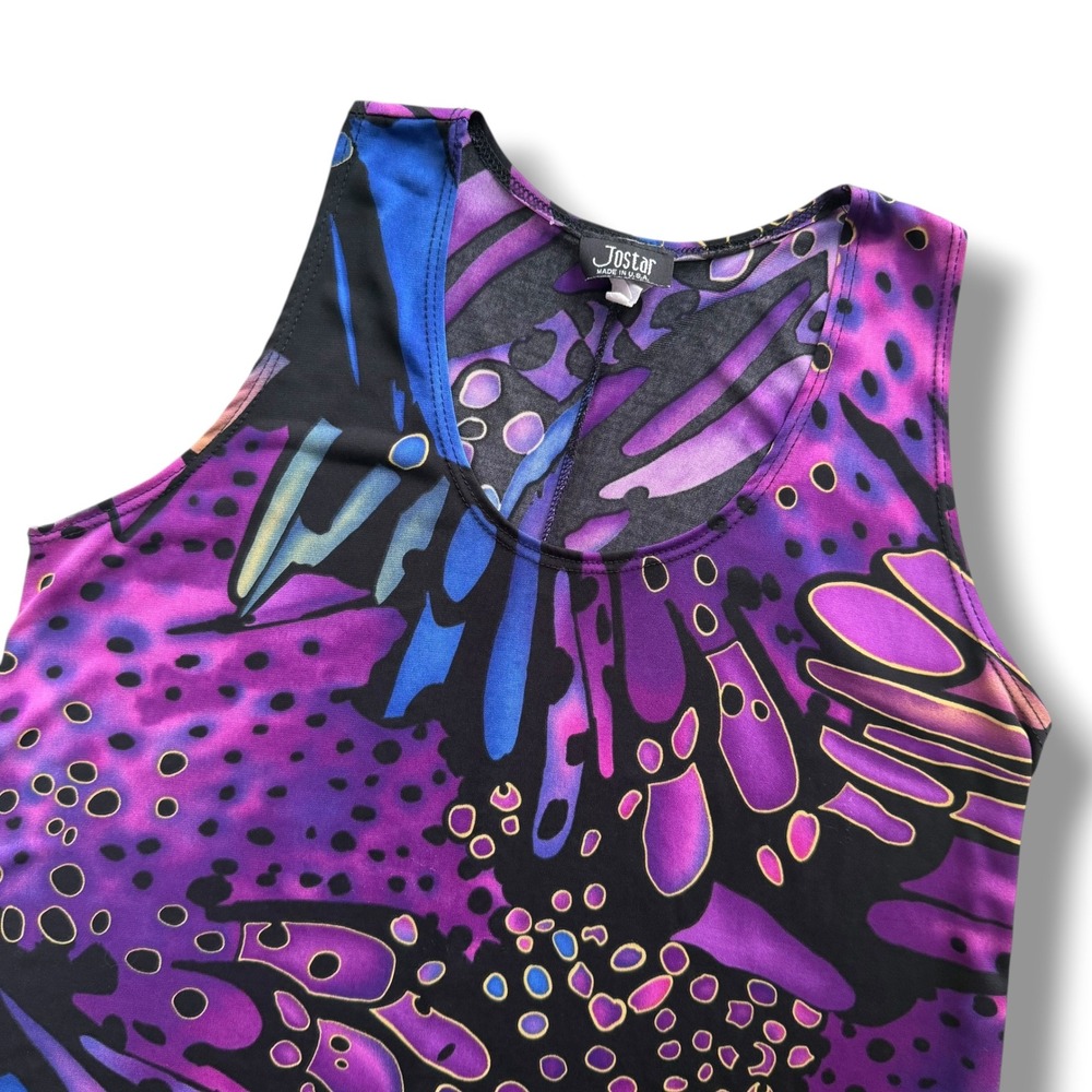 Jostar Sz M Purple Splash Slinky Knit Sharkbite Hem Tunic Tank Top USA Y2K Retro